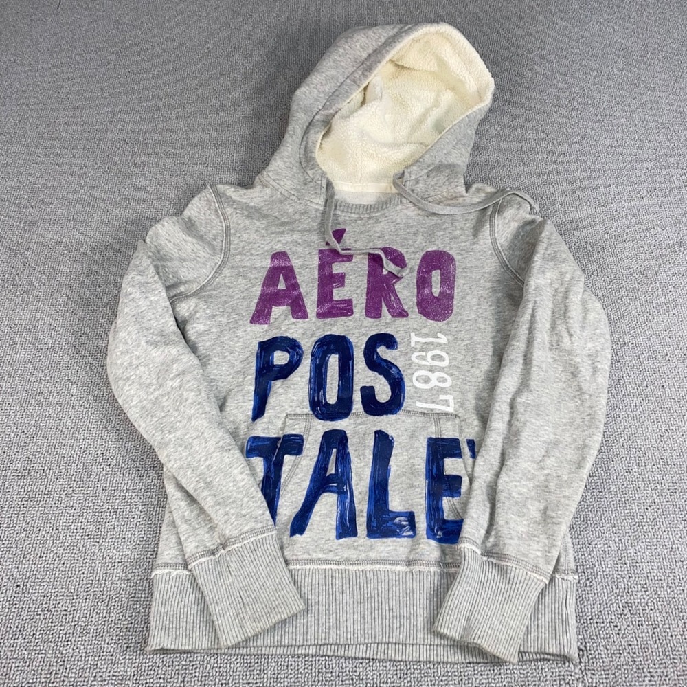 Aeropostale Graphic Hoodie Womens Medium Gray Sherpa Lined Pullover Sweatshirt